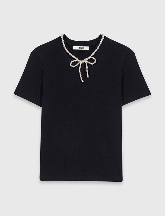 Detachable beaded collar T-shirt Black