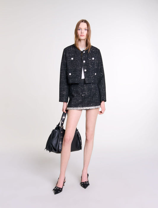 Black-featured-Short tweed jacket