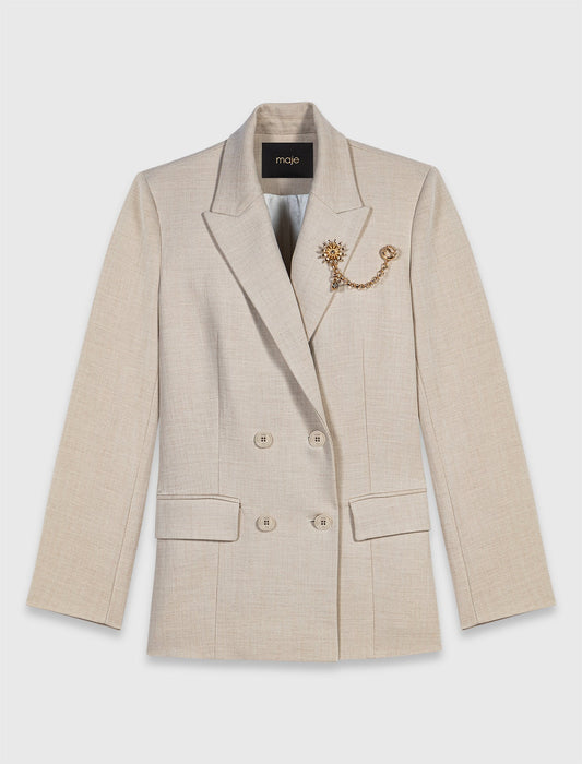 Suit Jacket With Brooch Beige