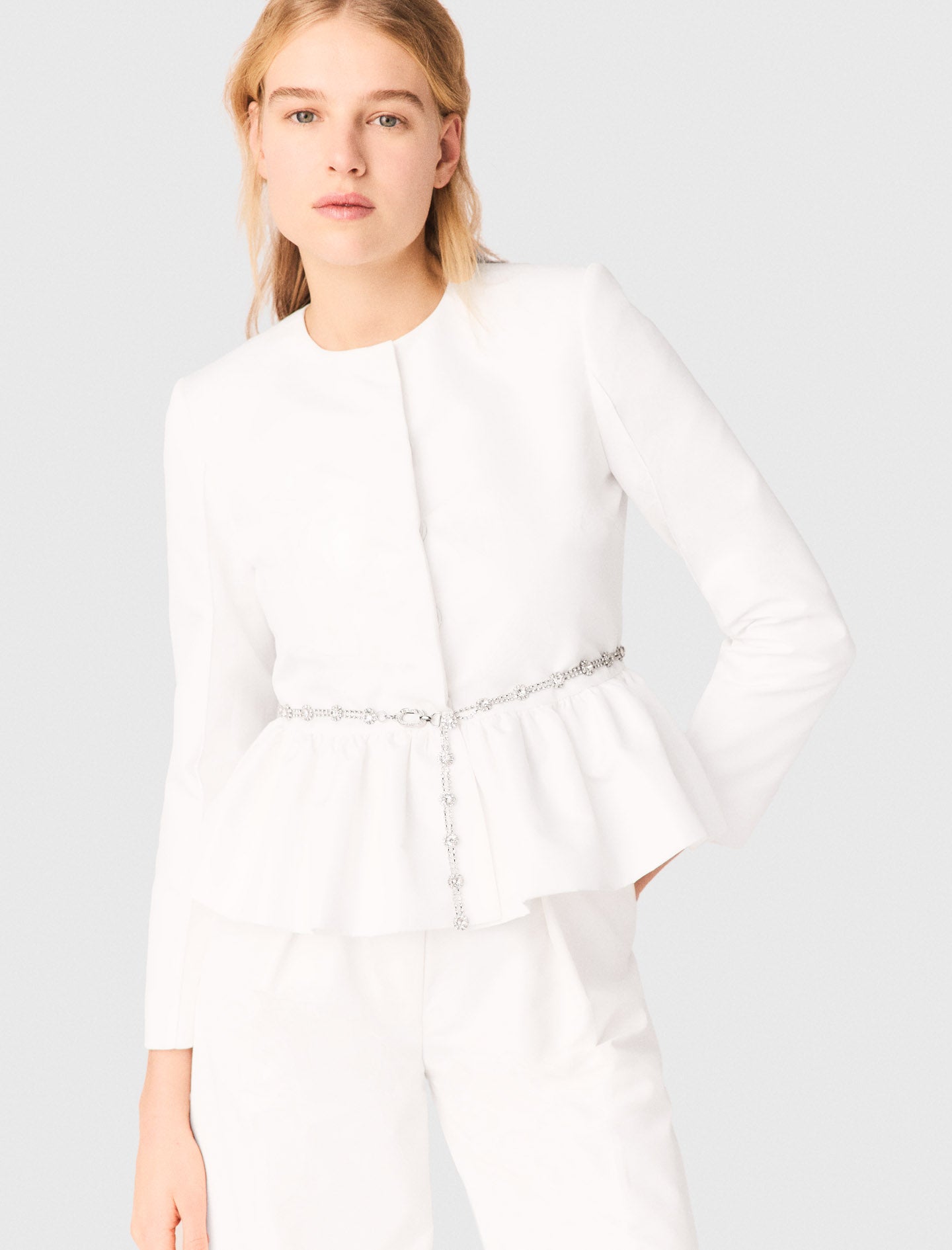Cropped Jacket With Jewelled Belt White