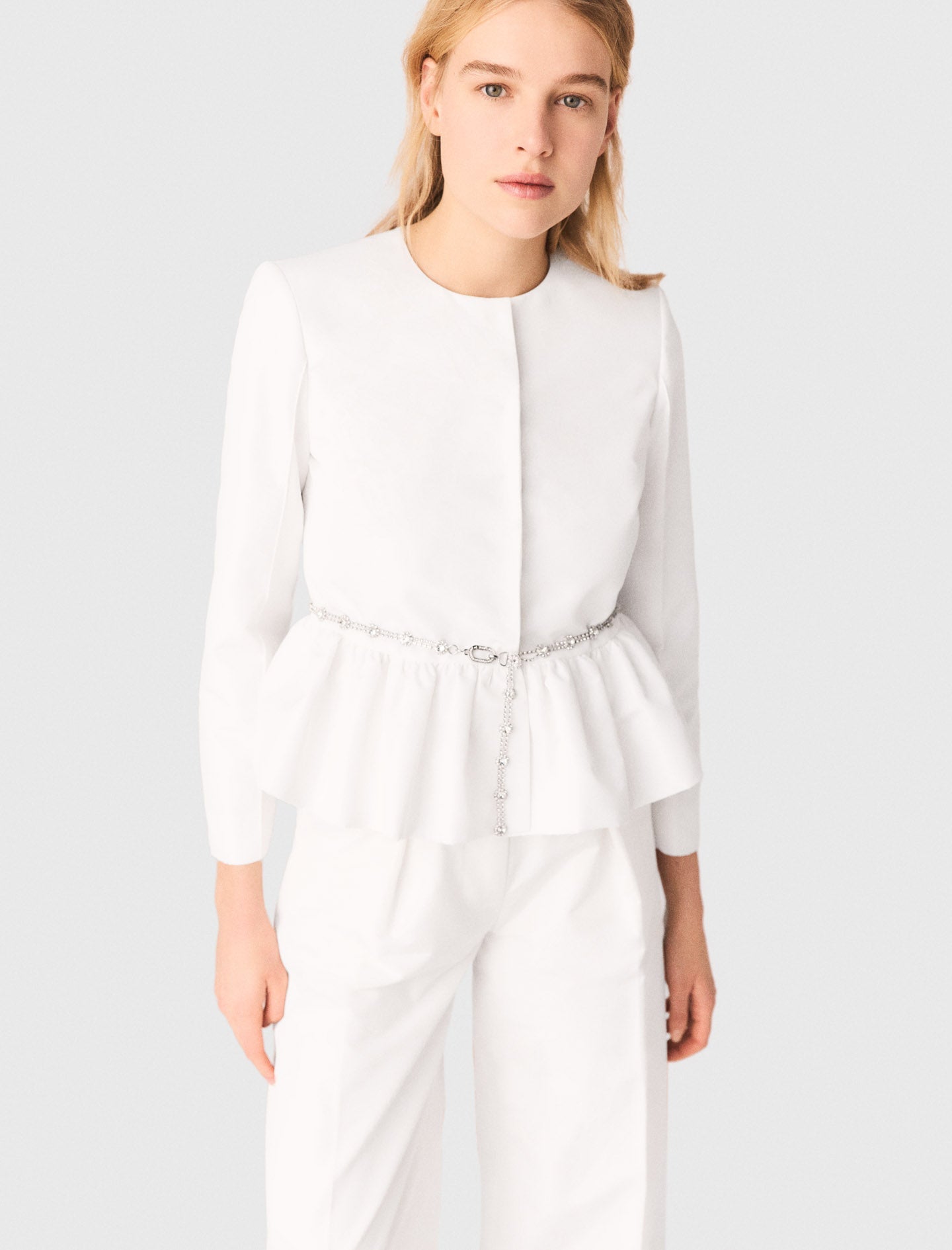 Cropped Jacket With Jewelled Belt White