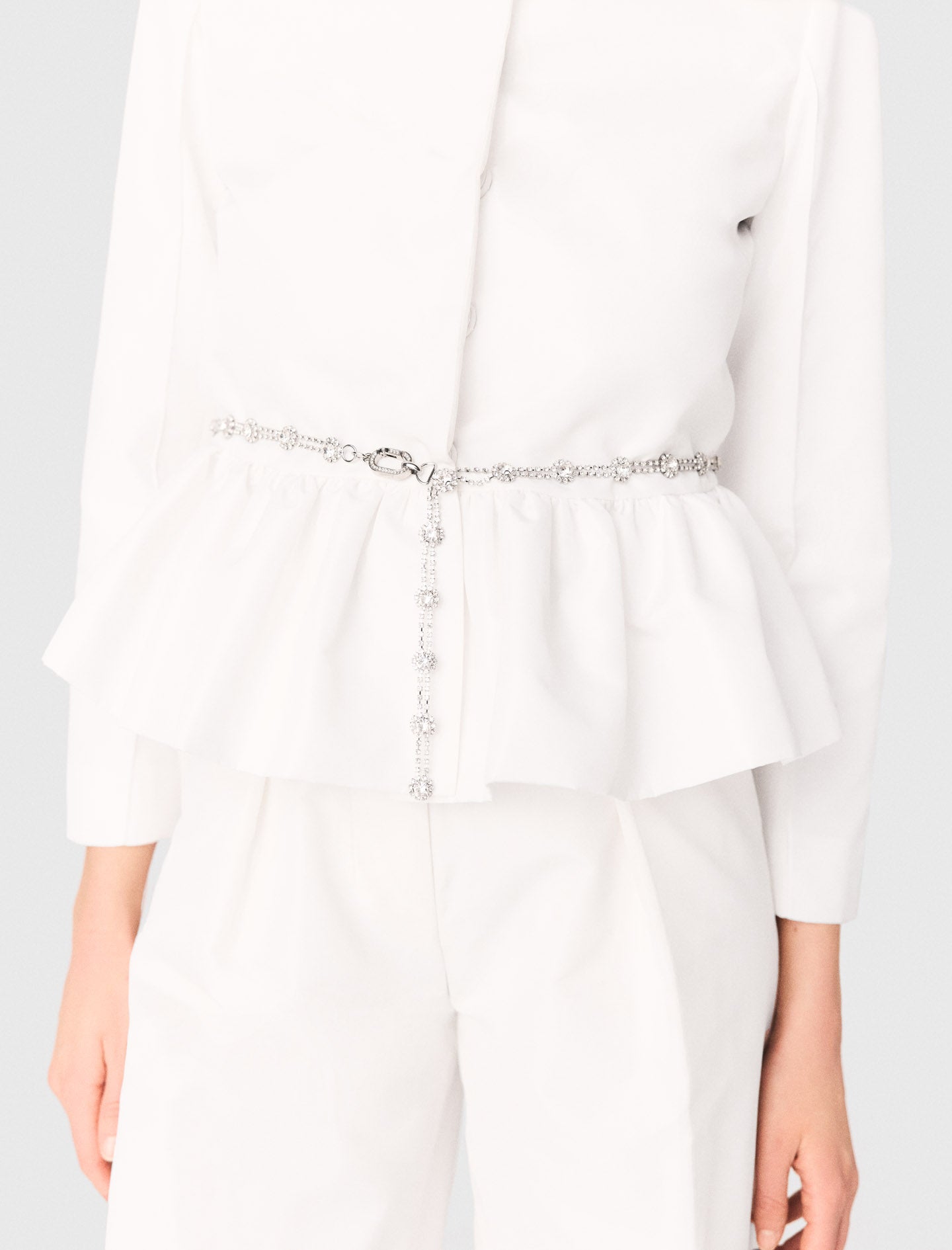 Cropped Jacket With Jewelled Belt White