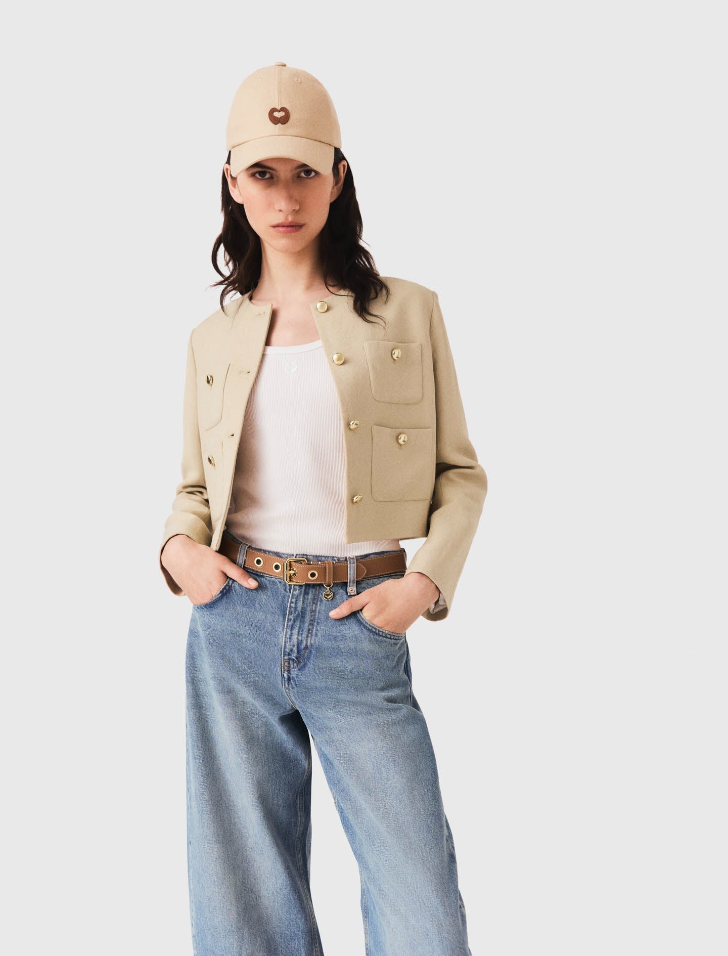 Short linen blend jacket Beige